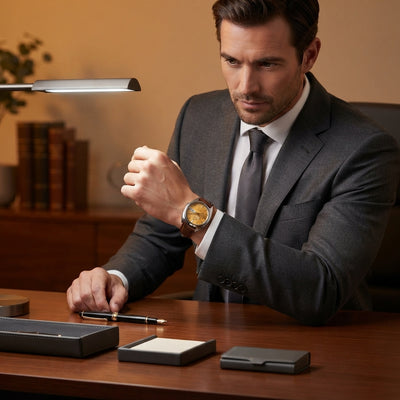 A professional man wearing a vintage Seiko 5 7009A watch on his wrist while working at a clean, modern desk.