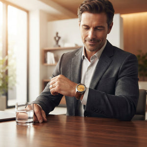 A professional man in a suit looking at his vintage Seiko 5 7009A watch in a bright, modern office.