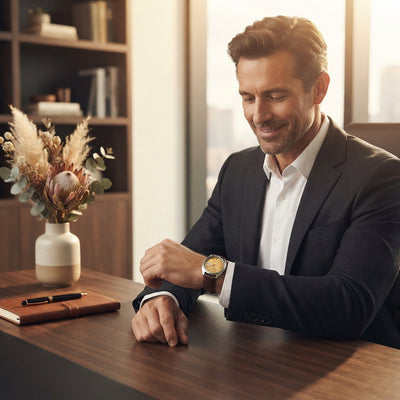 A professional man checking his vintage Seiko 5 automatic watch in a warm, well-lit office setting.