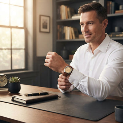 A man wearing a vintage Seiko 5 7009A watch while working at a desk in a professional office setting.