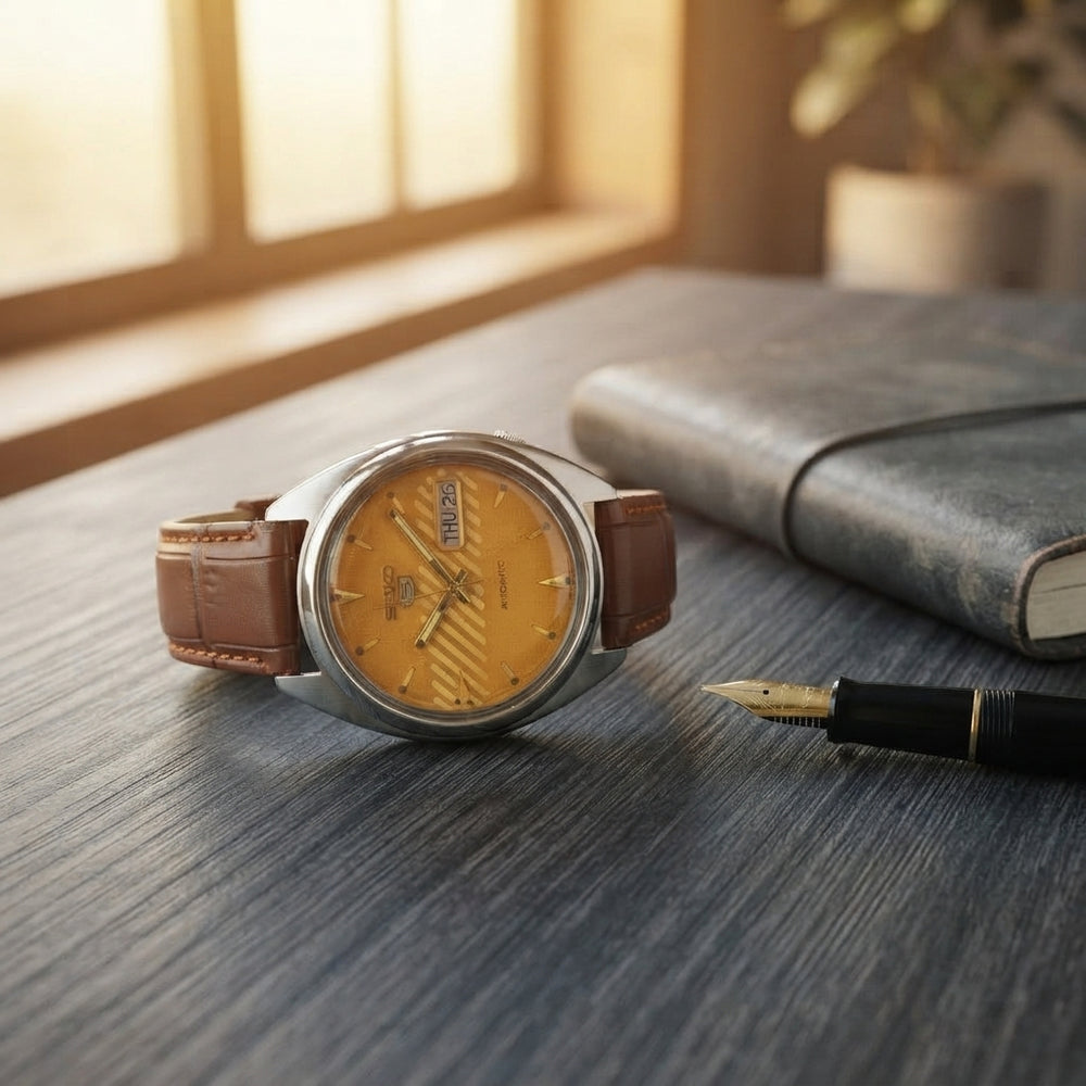 A vintage Seiko 5 7009A automatic watch with its original dial resting on a dark wood surface next to a leather notebook.